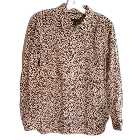 Talbots animal print cotton blouse shirt top large l p pl LP career button down - Picture 1 of 3
